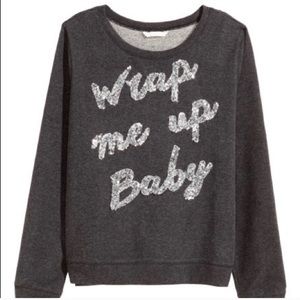 H&M “Wrap Me Up Baby” Gray Sequin Holiday Sweater
